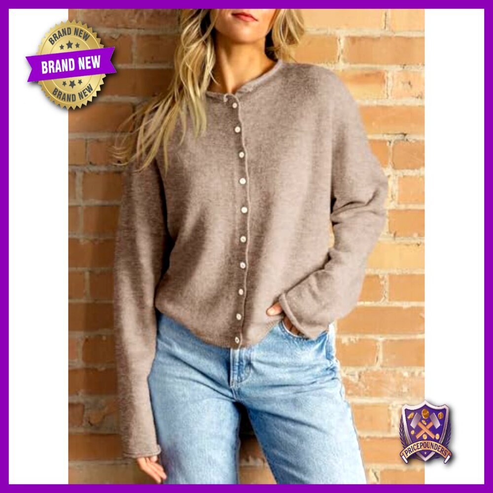 Button Up Cardigan Sweater Long Sleeve Crew Neck Lightweight Knit Loose Fit - Picture 2 of 7